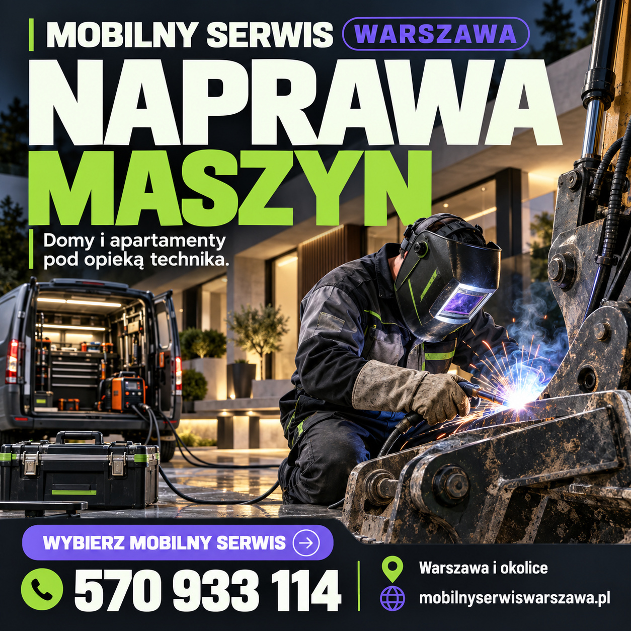 Plakat ilustracyjny Mobilnego Serwisu Warszawa: 108 naprawa maszyn