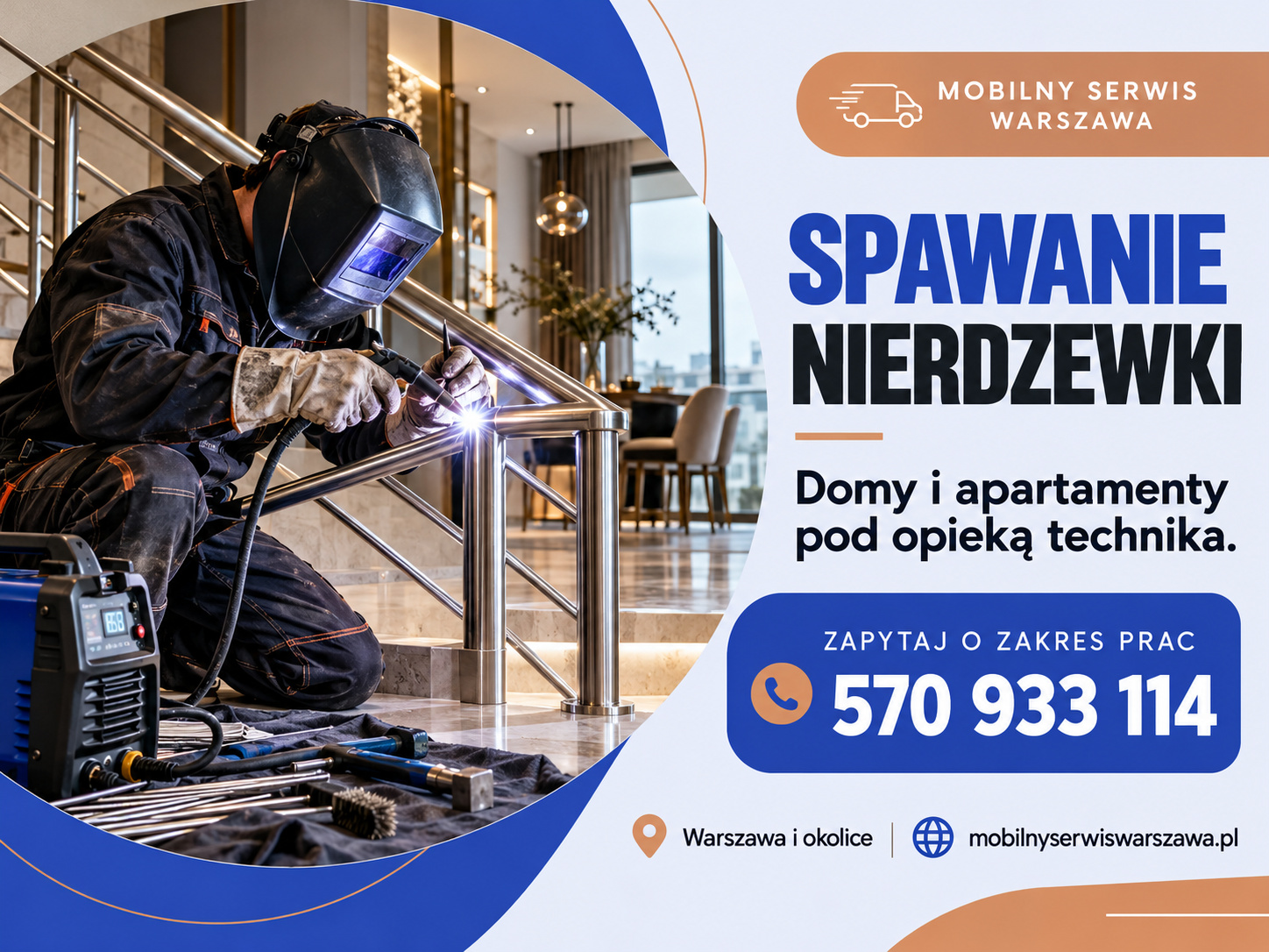 Plakat ilustracyjny Mobilnego Serwisu Warszawa: 109 spawanie nierdzewki