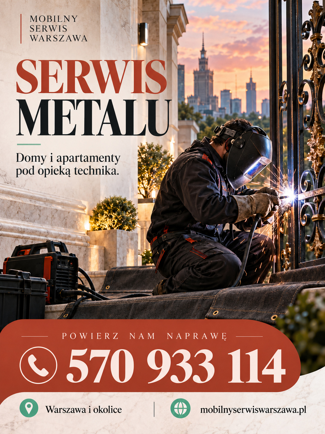 Plakat ilustracyjny Mobilnego Serwisu Warszawa: 110 serwis metalu
