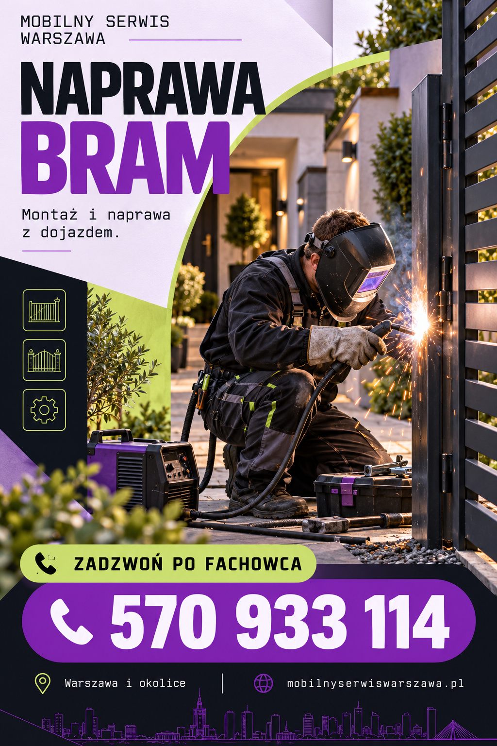 Plakat ilustracyjny Mobilnego Serwisu Warszawa: 112 naprawa bram