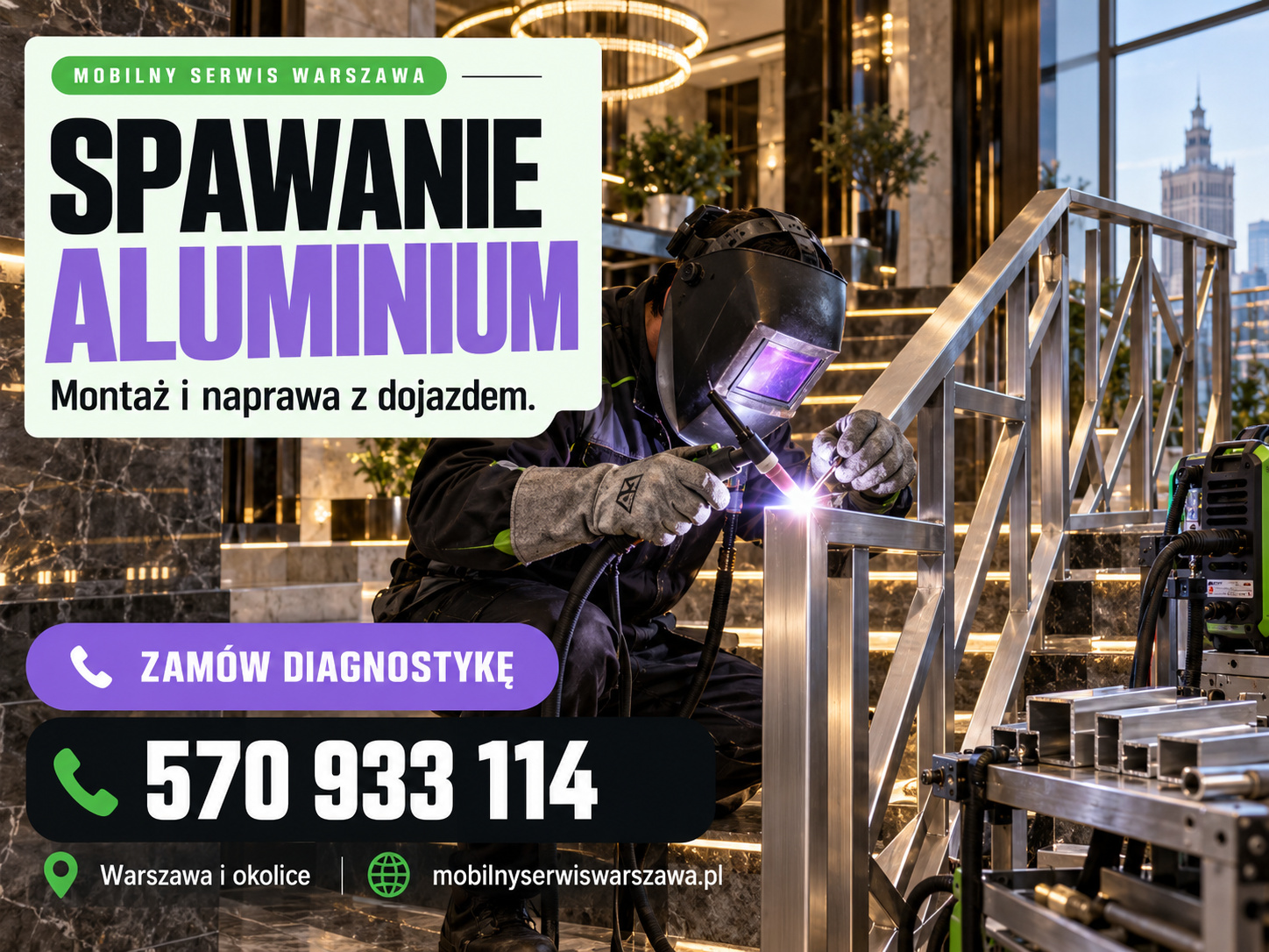 Plakat ilustracyjny Mobilnego Serwisu Warszawa: 116 spawanie aluminium