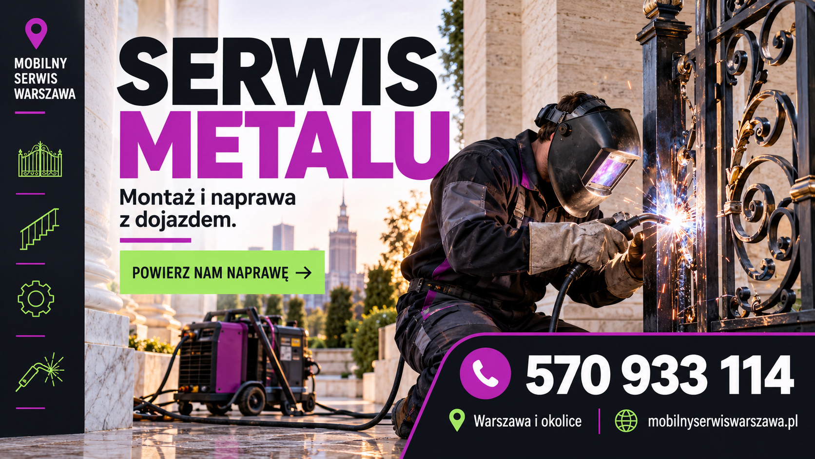 Plakat ilustracyjny Mobilnego Serwisu Warszawa: 120 serwis metalu
