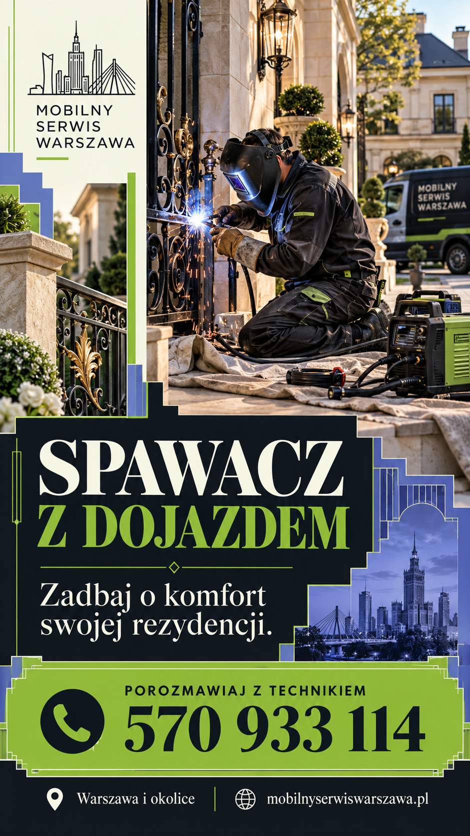 Plakat ilustracyjny Mobilnego Serwisu Warszawa: 121 spawacz z dojazdem